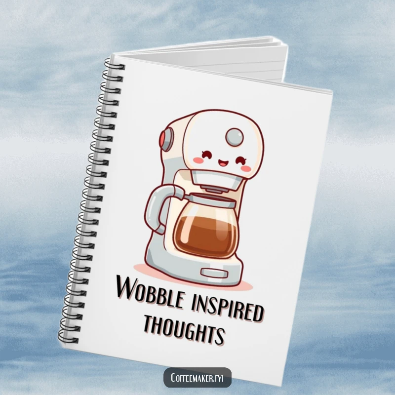 Funny notebook featuring a coffee maker in a happy wobble, perfect for jotting down ideas with a cheerful vibe. A delightful and practical stationery item.