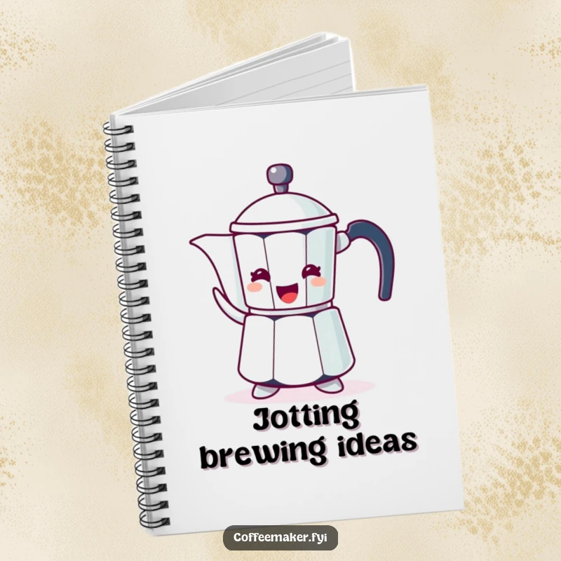 Funny notebook featuring a coffee pot character, illustrated gesturing enthusiastically with its spout.