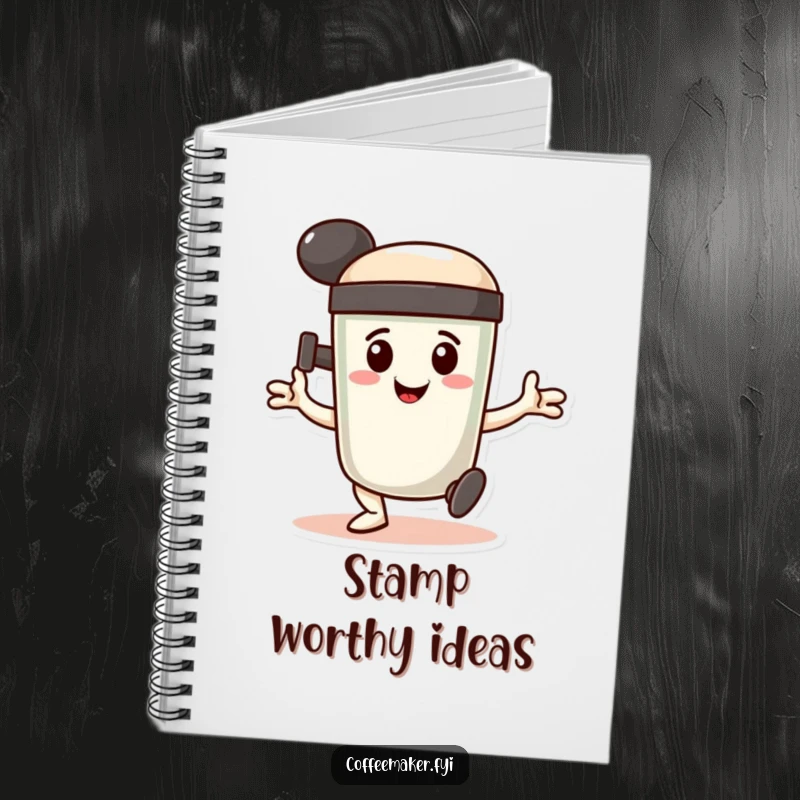 Funny Notebook: A smiling coffee tamper character doing a determined, stamping dance, inspiring focused and creative journaling.