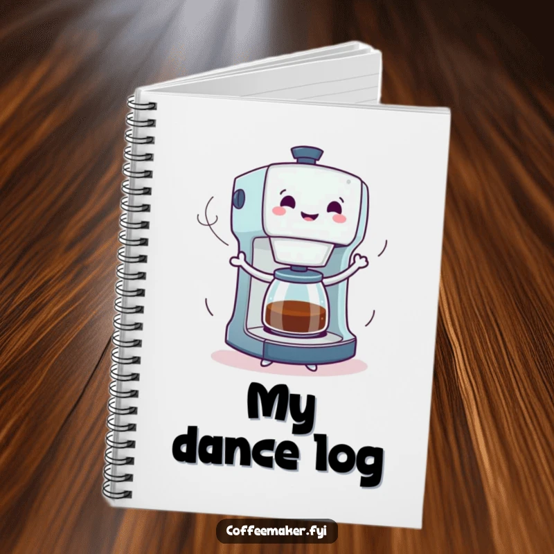 Funny notebook featuring a coffee maker character dancing with steam trails, perfect for jotting down creative thoughts and energetic plans.