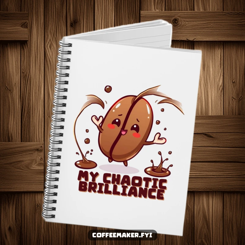 Funny coffee bean character juggling dark liquid streams on this notebook, perfect for writing about complex ideas.