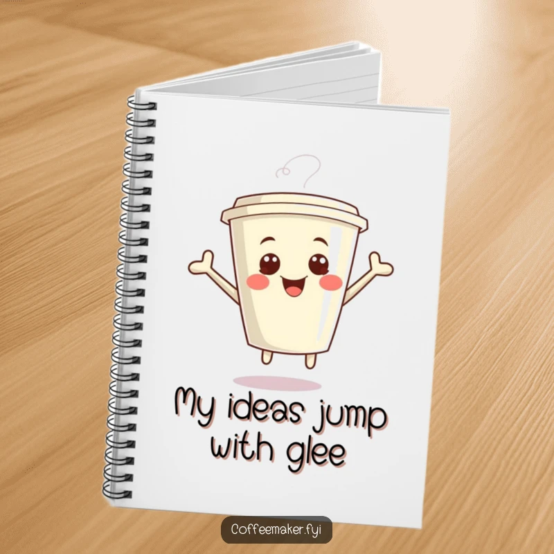 Funny Kawaii Coffee Cup Notebook with a giggling cup jumping ecstatically, perfect for jotting notes with humor and joy.