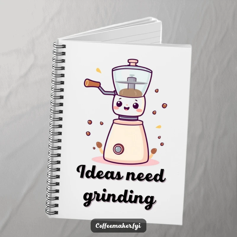 Funny Kawaii coffee grinder notebook, ready for notes and doodles, showcasing energetic charm and coffee love.