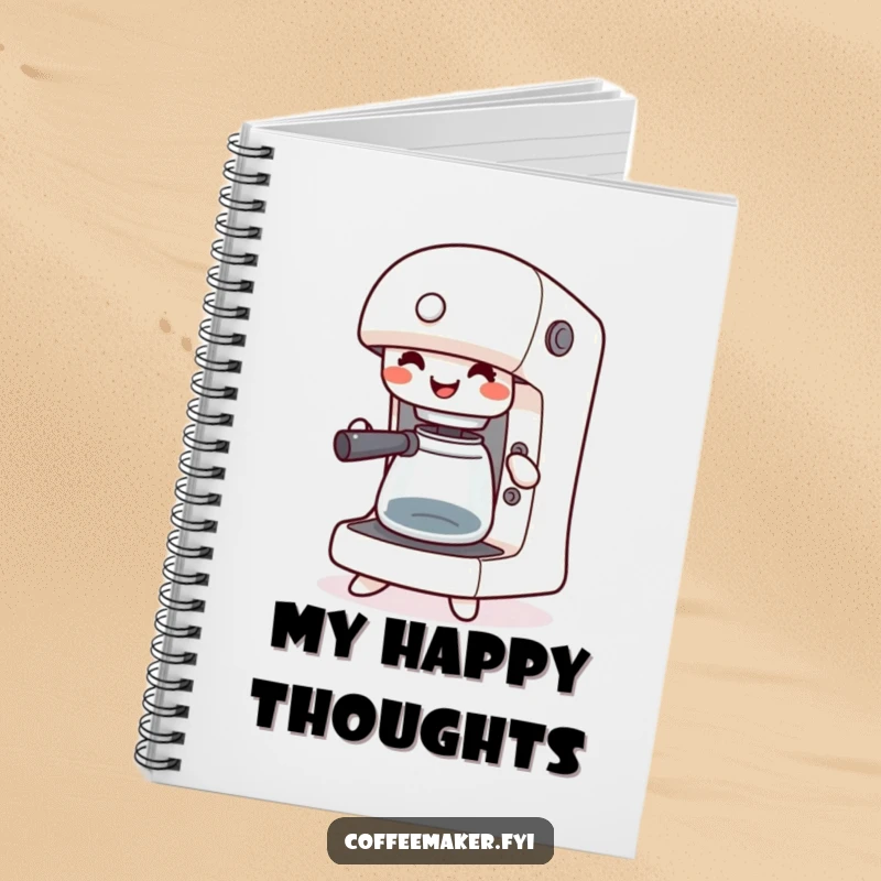 Funny notebook with a happy kawaii coffee maker jigging with its buttons pressed, perfect for jotting down cheerful ideas.