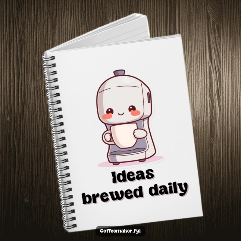 Funny Kawaii coffee maker notebook cover, character proudly holding a steaming cup, for writing and journaling.