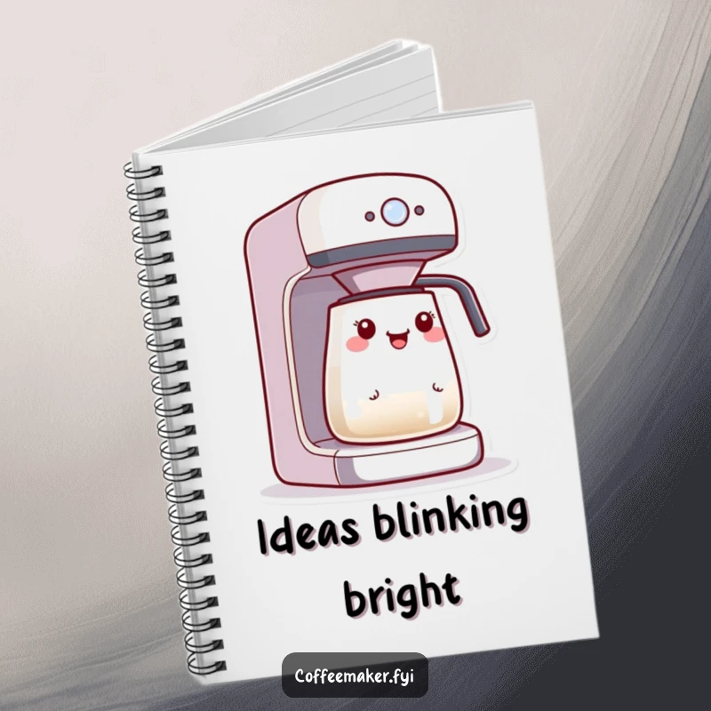 Funny Kawaii coffee maker notebook, character excited by a blinking brewing light, for writing and planning.