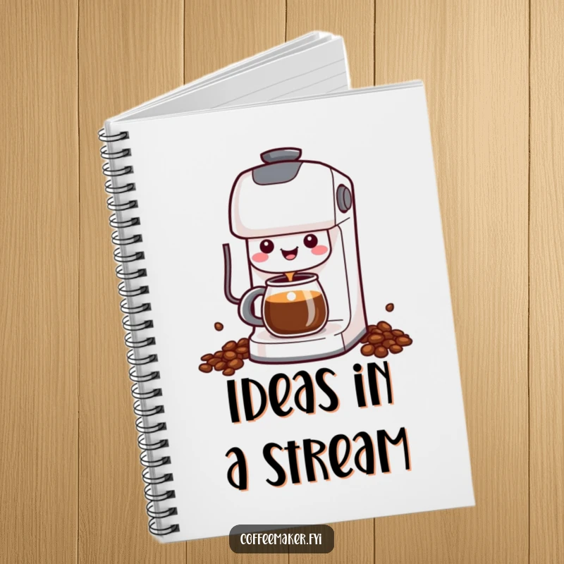 Funny Kawaii Coffee Maker Notebook showing a cheerful character happily dispensing coffee, ideal for humorous note-taking.
