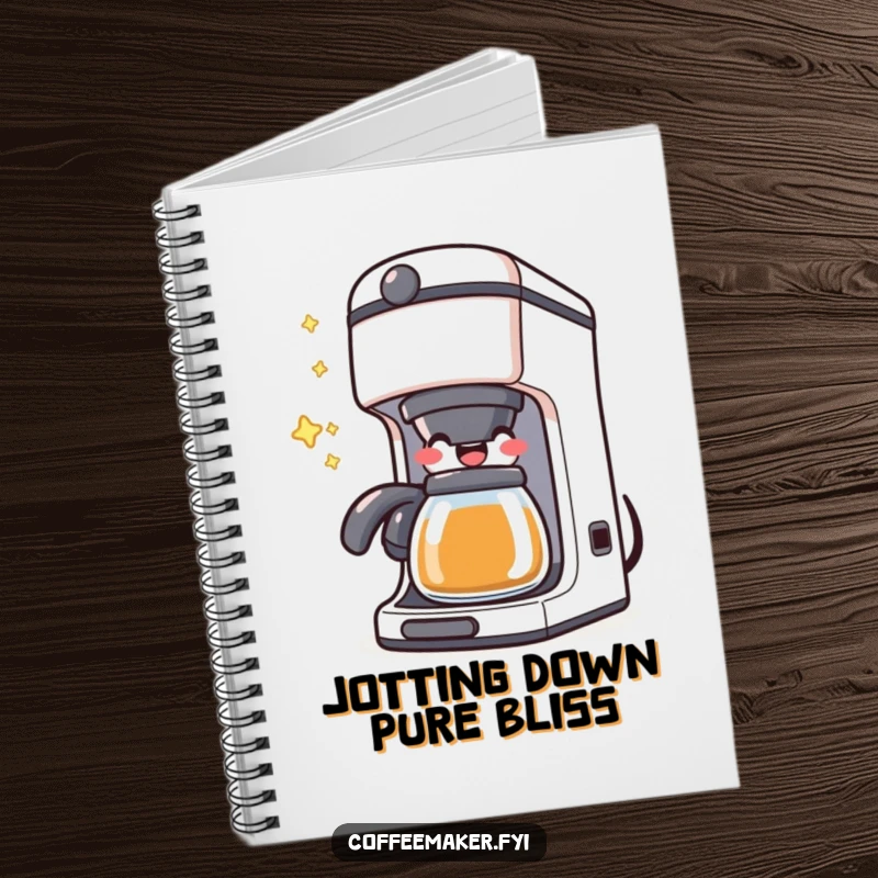 Funny Kawaii Coffee Maker Notebook showing a character happily bubbling with joy, ideal for humorous note-taking.