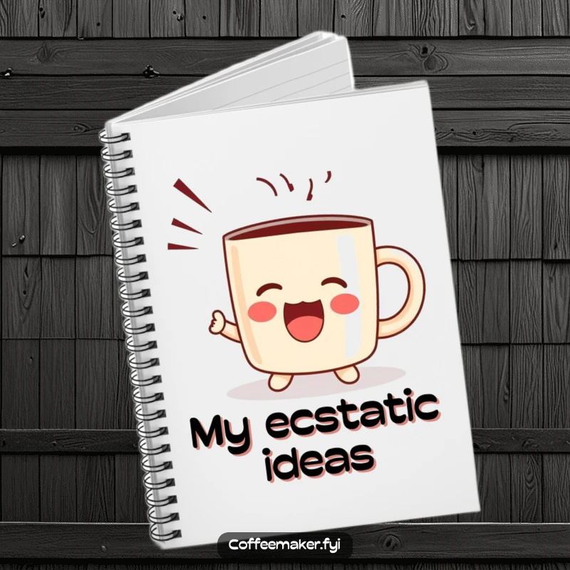 Funny notebook with a kawaii coffee mug character joyfully shouting, ideal for creative writing and note-taking.