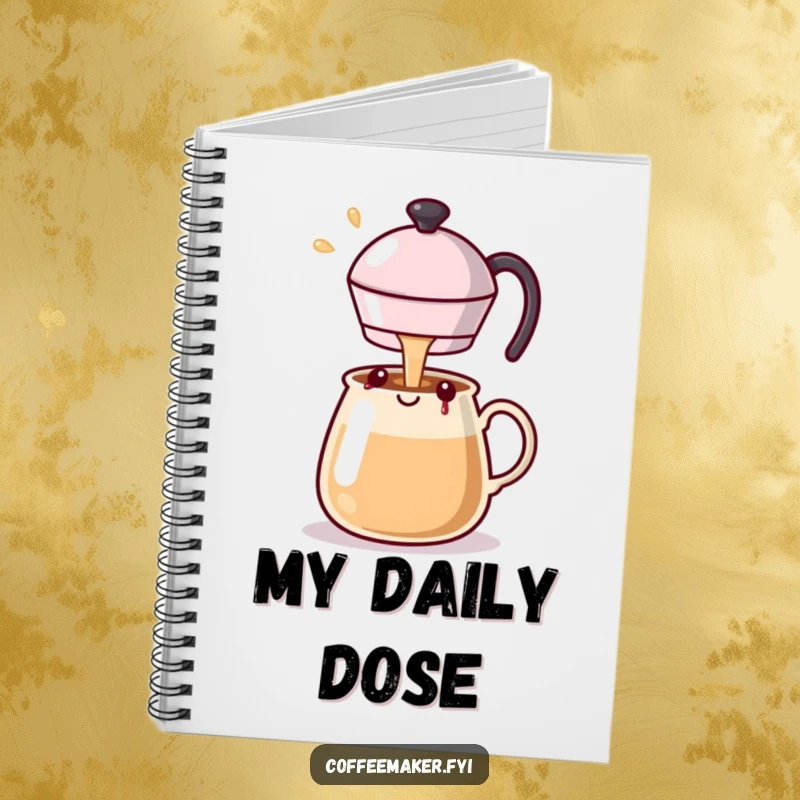 Funny Kawaii coffee pot notebook open and ready, pouring a stream of creative happiness for your notes.
