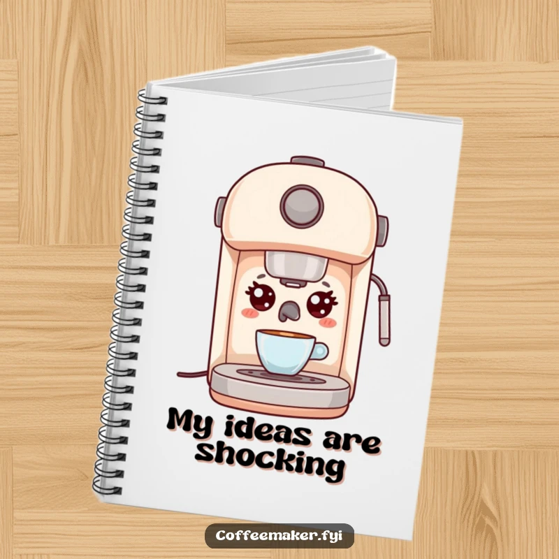 Funny Kawaii Espresso Machine Notebook with wide, surprised eyes, perfect for jotting notes with humor and surprise.