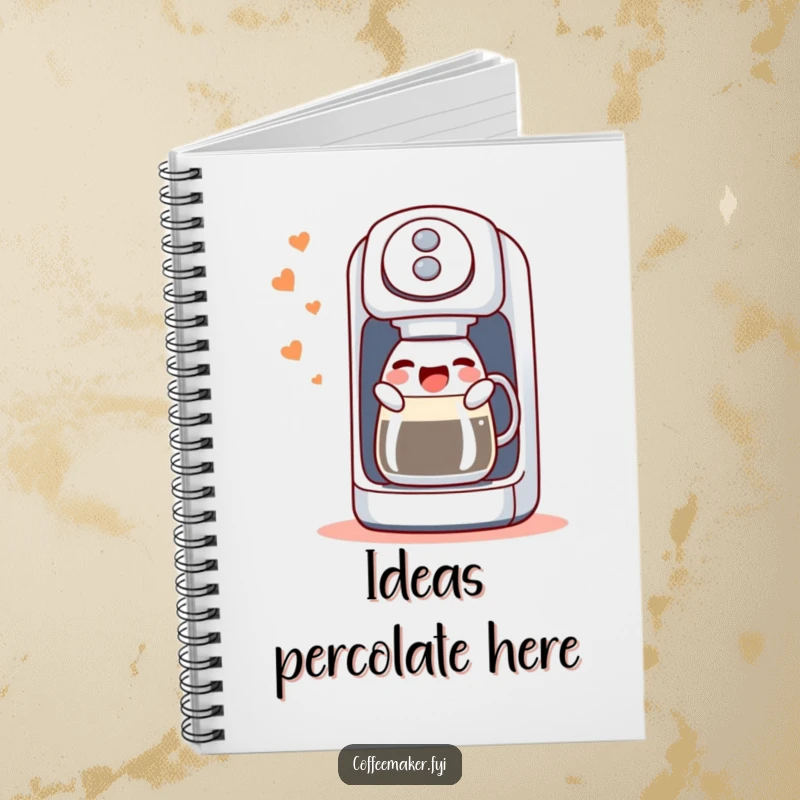 Funny notebook featuring a singing coffee maker machine, joyfully gurgling, perfect for capturing notes and creative ideas with humor.
