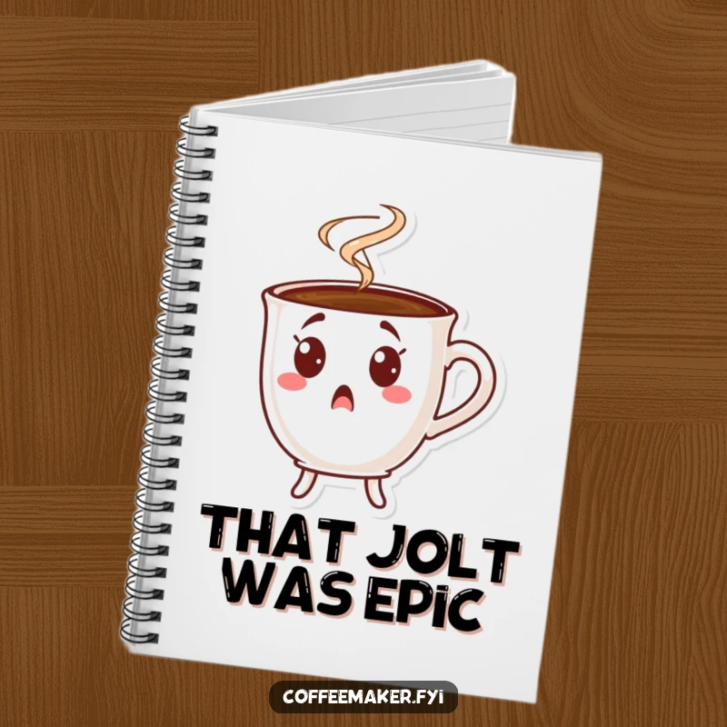 Funny surprised coffee cup notebook, a character showing shock with steam, perfect for writing humorously.