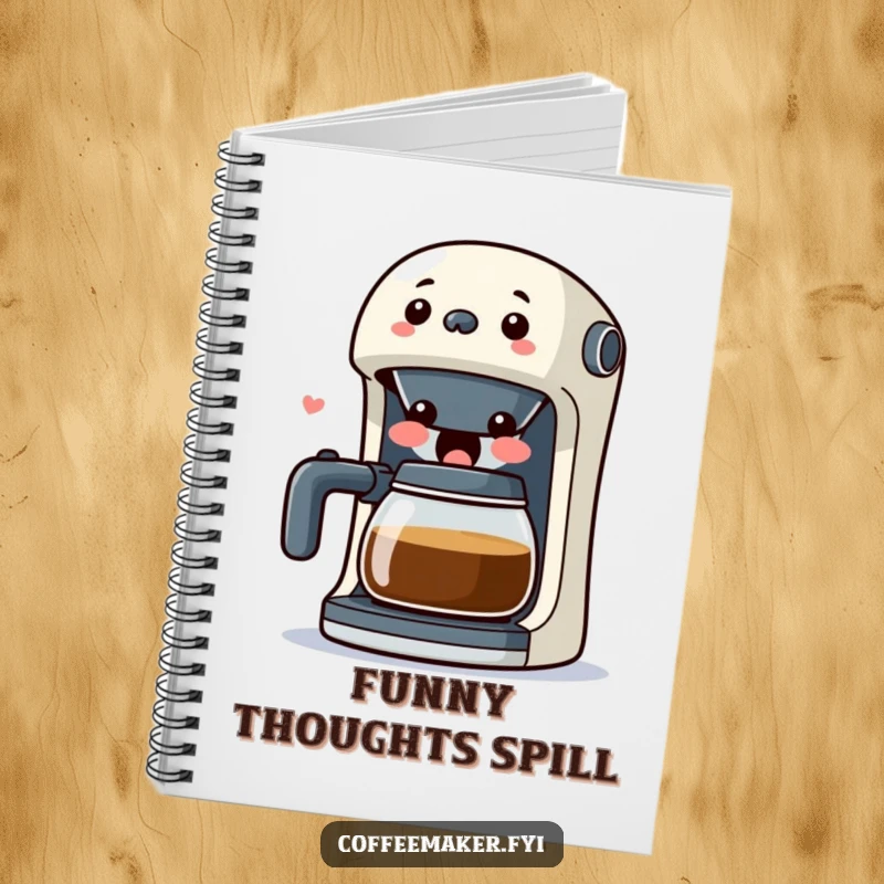 Funny Kawaii Coffee Maker Notebook showing a surprised character with its spout wide open in laughter, ideal for humorous note-taking.