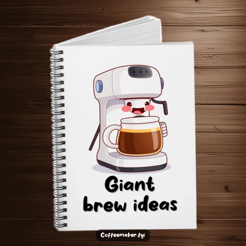 Funny notebook featuring a grinning coffee maker pouring a large mug, perfect for capturing ideas with a cheerful and generous spirit. A practical and humorous stationery item.