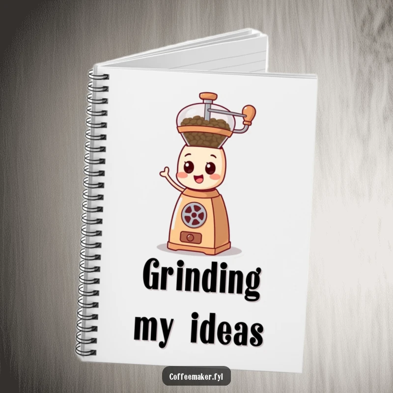 Funny cartoonish coffee grinder character happily spinning its mechanism, inspiring energy on a stylish notebook cover.