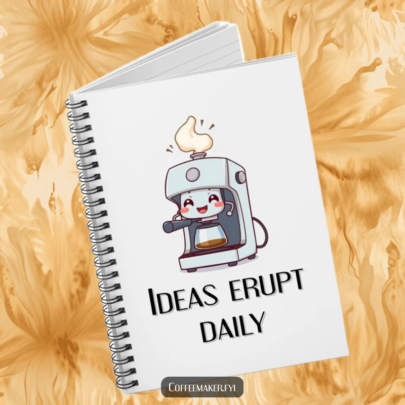 Funny Notebook: A grinning coffee machine character spraying a celebratory geyser of steam, inspiring creative and energetic writing.