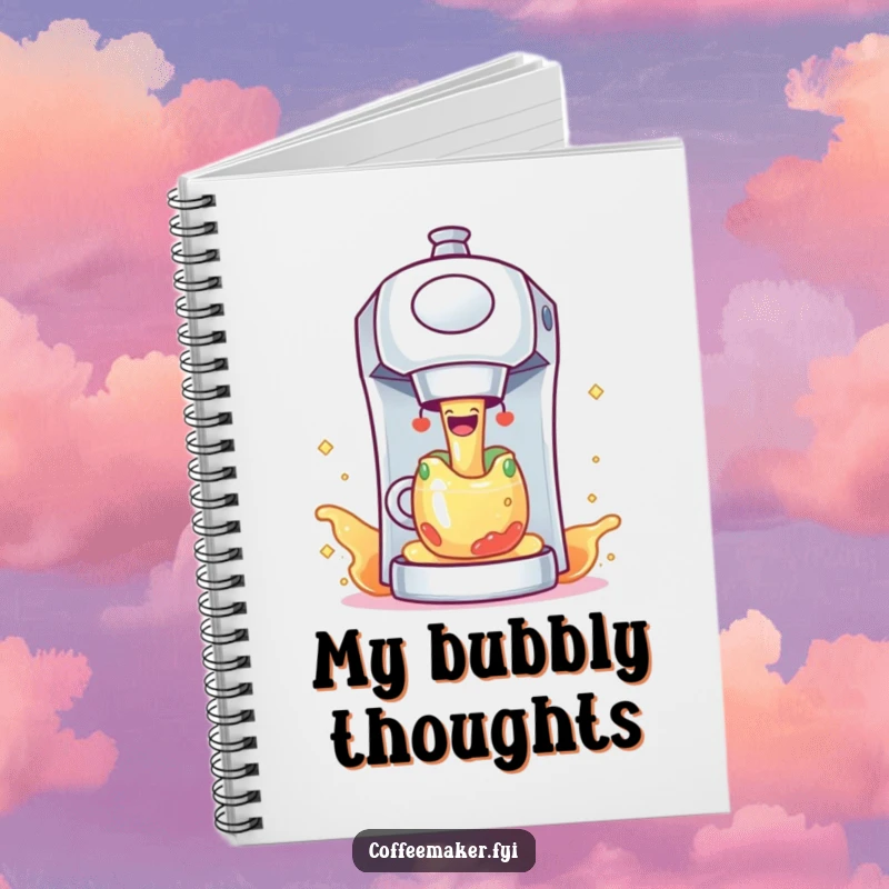 Funny coffee maker character joyfully dispensing colorful, sparkling liquid, on the cover of a notebook.