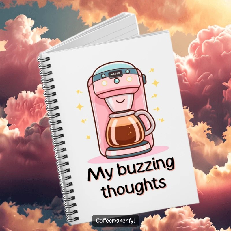Funny Kawaii coffee maker notebook ready for your notes, buzzing with bright happy lights.