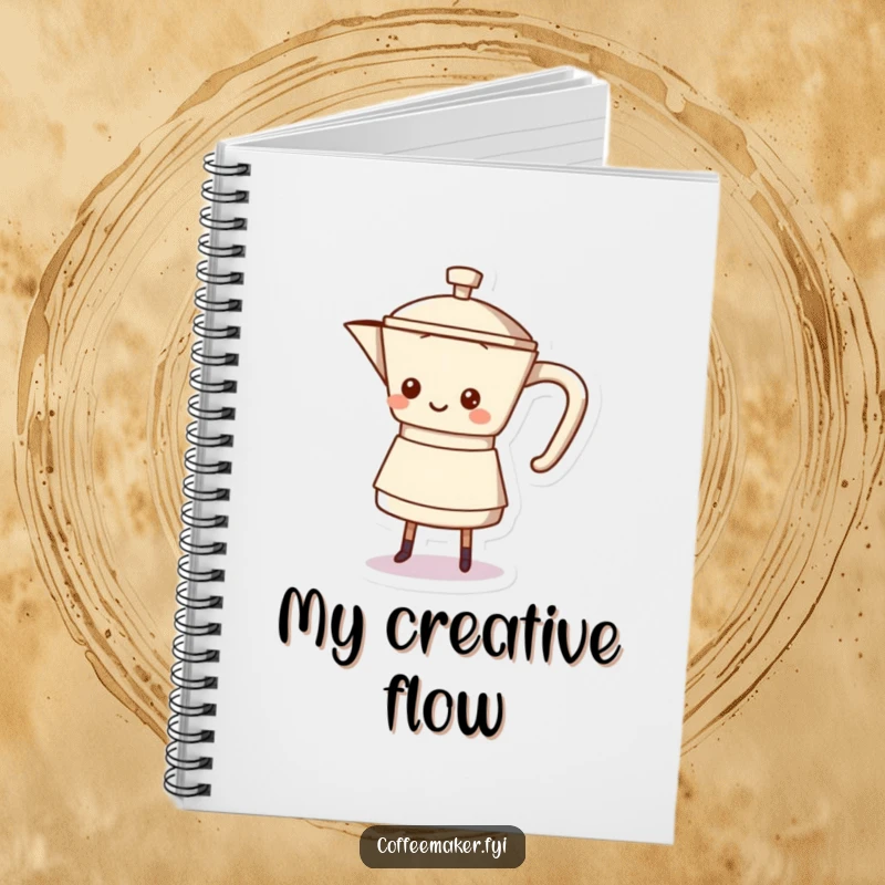 Funny coffee pot character doing a happy shuffle dance on this notebook, perfect for creative writing.