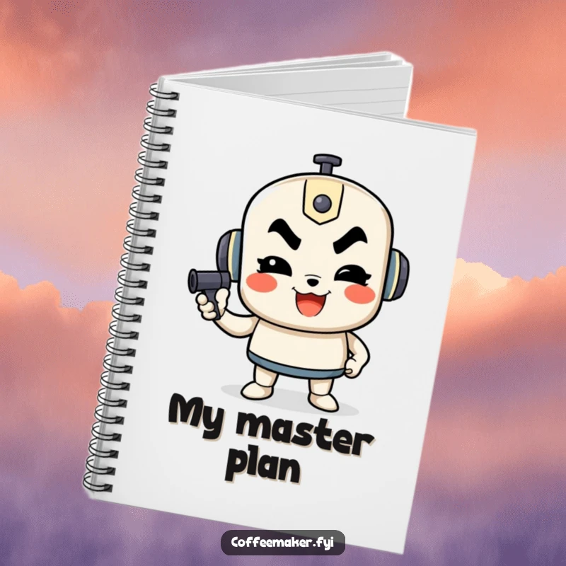 Funny notebook with a determined French press character pumping, perfect for jotting down ambitious plans.