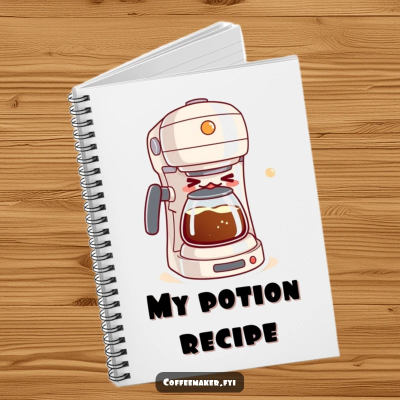Funny notebook with a mischievous kawaii coffee maker winking and brewing a bubbly mixture, perfect for jotting down funny ideas.