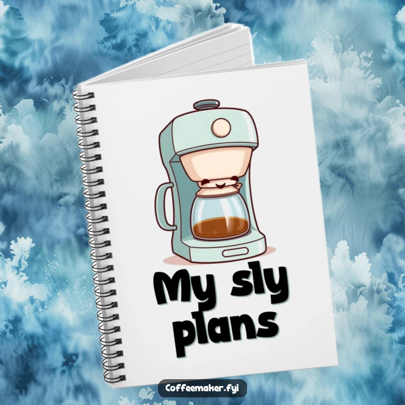 Funny coffee maker character peeking with a mischievous grin from its lid, on the cover of a notebook.