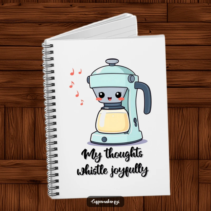 Funny Kawaii Percolator Notebook with a cheerful character whistling a silly tune, perfect for jotting notes with humor.