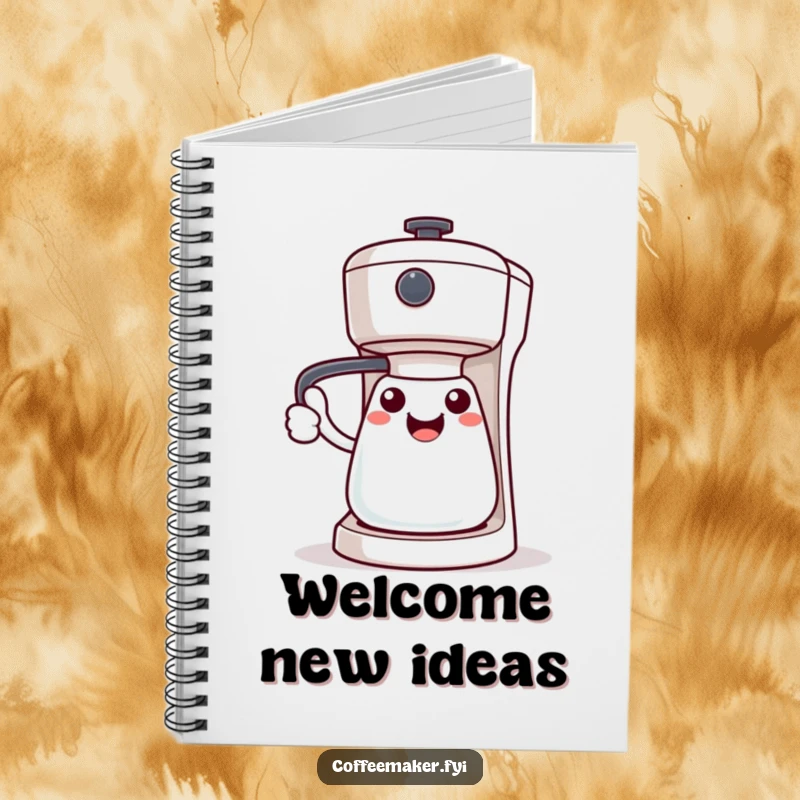 Funny Kawaii coffee maker notebook cover, character's handle extended in a welcoming gesture, for journaling and notes.
