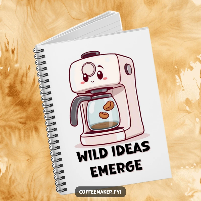 Funny notebook cover with a surprised coffee maker machine and a jumping coffee bean, inspiring creative writing and note-taking.