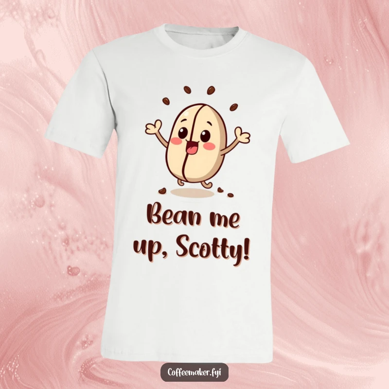 Funny kawaii coffee bean character, depicted bouncing high with excitement, on a comfortable t-shirt.