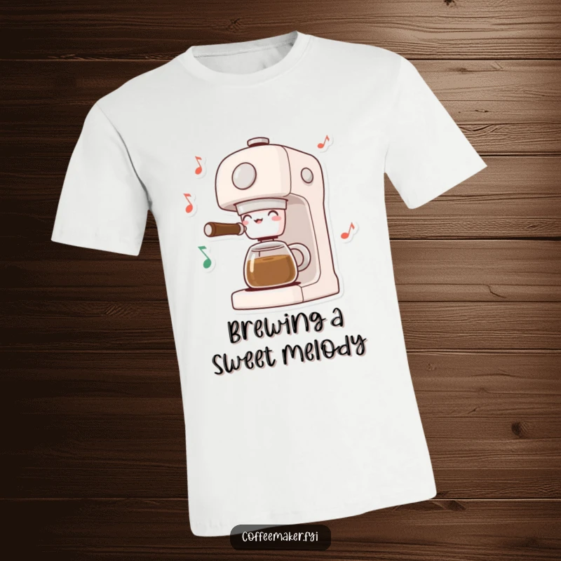 Funny Musical Coffee Maker T-Shirt: Coffee machine dancing with musical notes, embodying a harmonious and joyful brewing experience.
