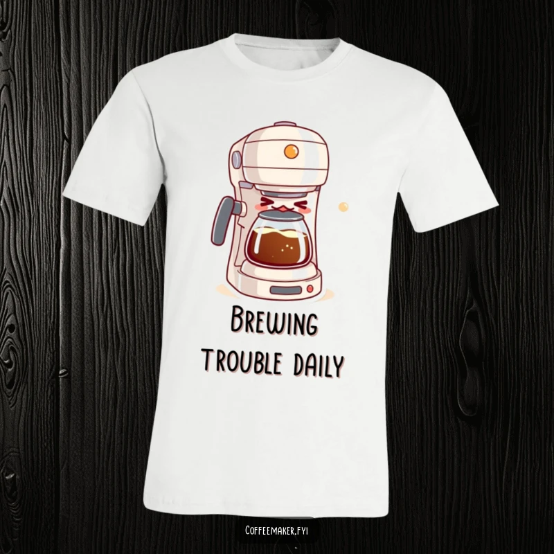 Funny t-shirt with a mischievous kawaii coffee maker winking while brewing a bubbly concoction, ideal for a coffee enthusiast.