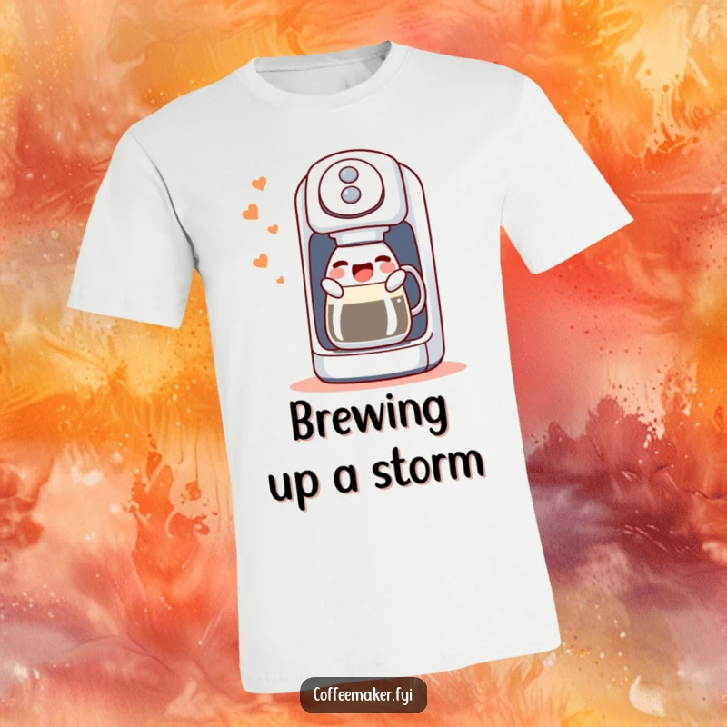 Funny singing coffee maker t-shirt, depicting a machine happily gurgling a morning song, perfect for coffee lovers seeking humor.