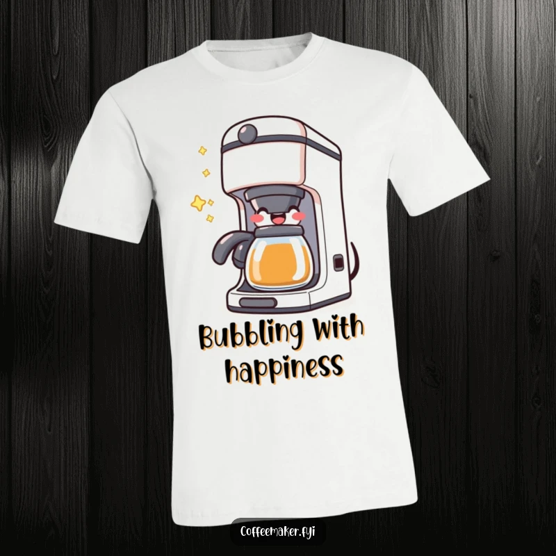 Funny Kawaii Coffee Maker T-Shirt with a character happily bubbling with joy, a cheerful and humorous design.