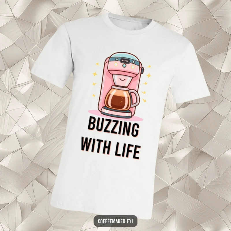 Funny Kawaii coffee maker t-shirt buzzing with bright happy lights, radiating cheerful morning energy.