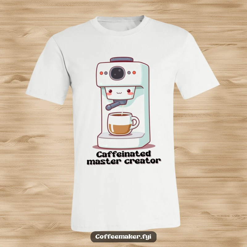 Funny Coffee Maker T-Shirt: Adorable brewing machine gleefully pouring coffee, showcasing pure happiness and coffee enthusiasm.