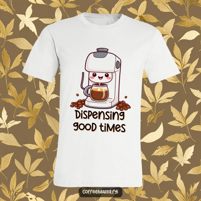 Funny Kawaii Coffee Maker T-Shirt with a cheerful character happily dispensing coffee, celebrating coffee culture humorously.