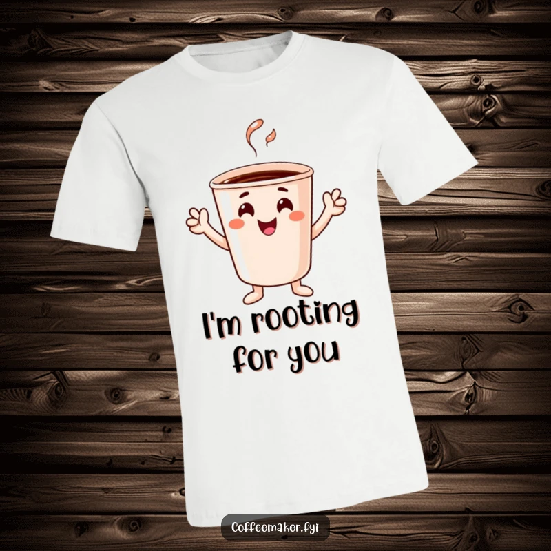 Funny cheerful coffee cup character with tiny hands cheering, depicted on a soft, comfortable t-shirt.
