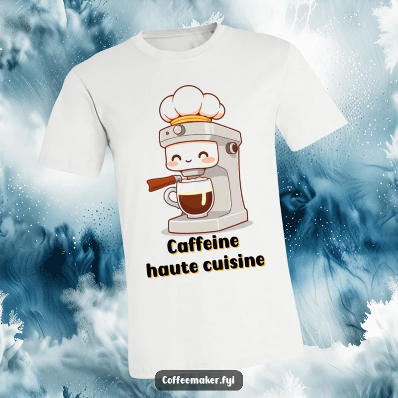 Funny t-shirt depicting a coffee maker character in a chef hat, proudly presenting a fancy cup of coffee with a flourish.