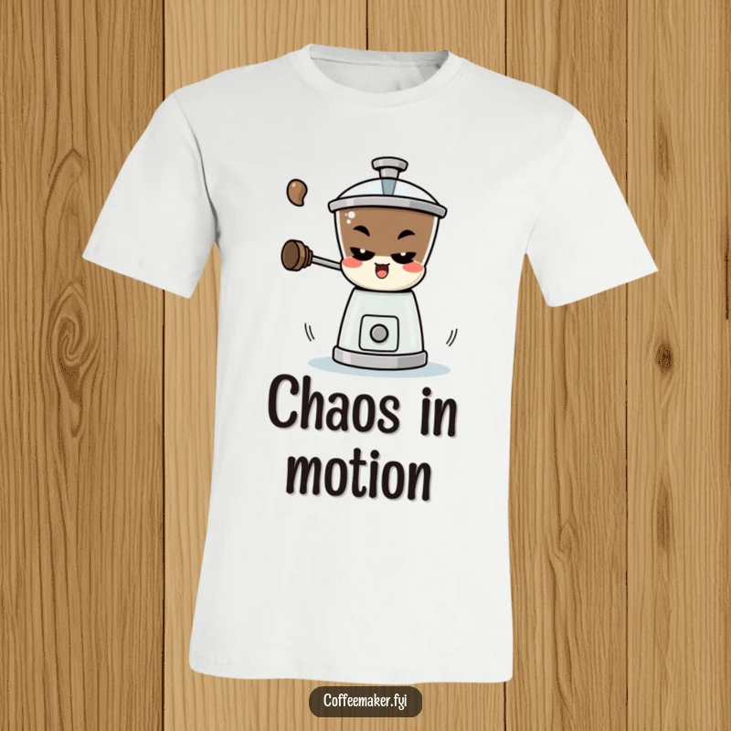 Funny T-Shirt: A mischievous coffee grinder character spinning rapidly, releasing the aroma of freshly ground beans.