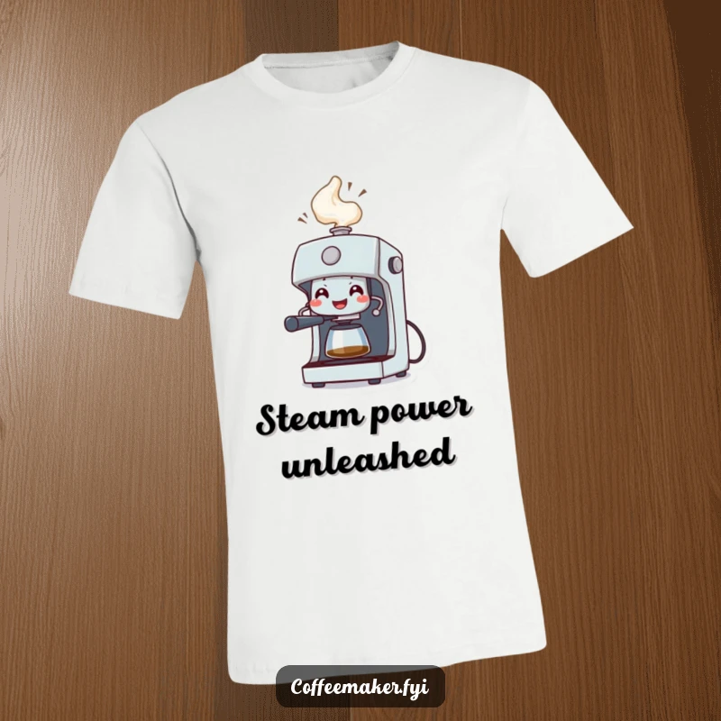 Funny T-Shirt: A grinning coffee machine character erupting in a celebratory geyser of steam, exuding pure coffee joy.
