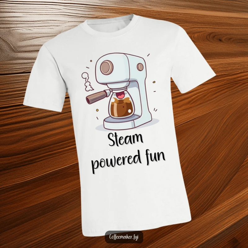 Funny coffee maker character comically sputtering with excitement and erupting steam, a vibrant and humorous t-shirt design.