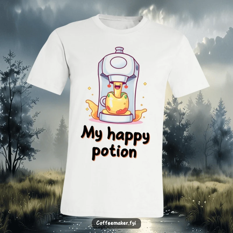 Funny coffee maker character joyfully pouring colorful, sparkling liquid, a vibrant and humorous t-shirt design.