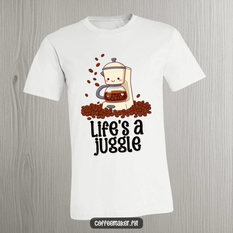 Funny coffee maker t-shirt featuring a coffee maker mid-juggle with coffee beans flying from its spout, a comical scene for coffee lovers.