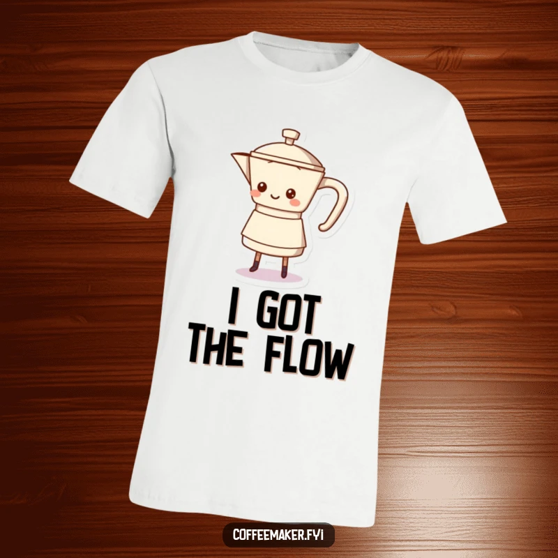 Funny coffee pot character performing a joyful shuffle with its base, a lively tee for coffee lovers.