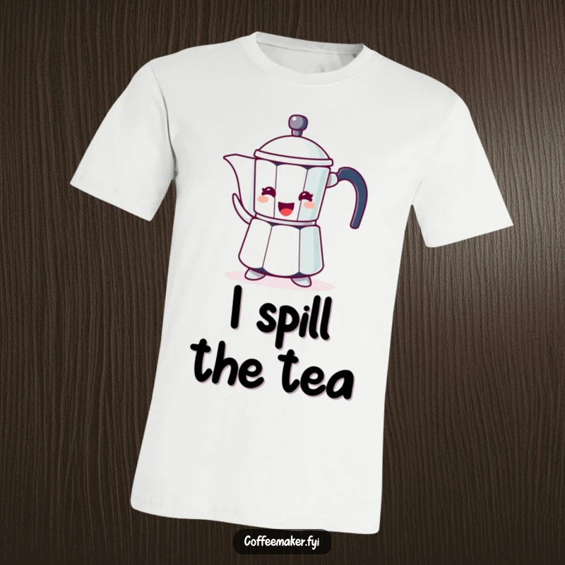 Funny t-shirt with a coffee pot character, enthusiastically gesturing with its spout, conveying excitement.