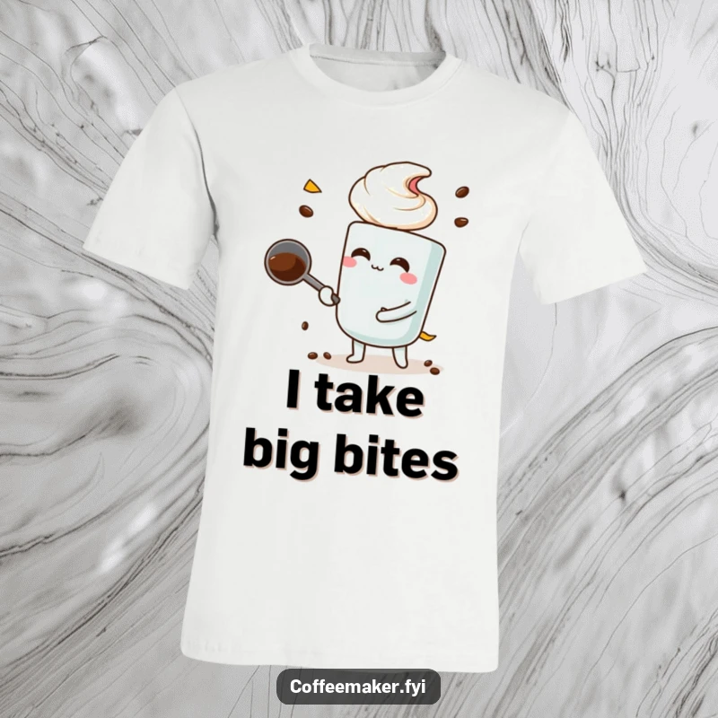 Funny coffee scoop character in the act of taking a comically large scoop, on a t-shirt.