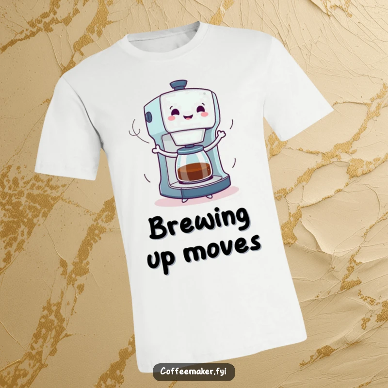 Funny t-shirt depicting a coffee maker character in a joyful dance pose, with dynamic steam trails swirling around, full of energy and fun.