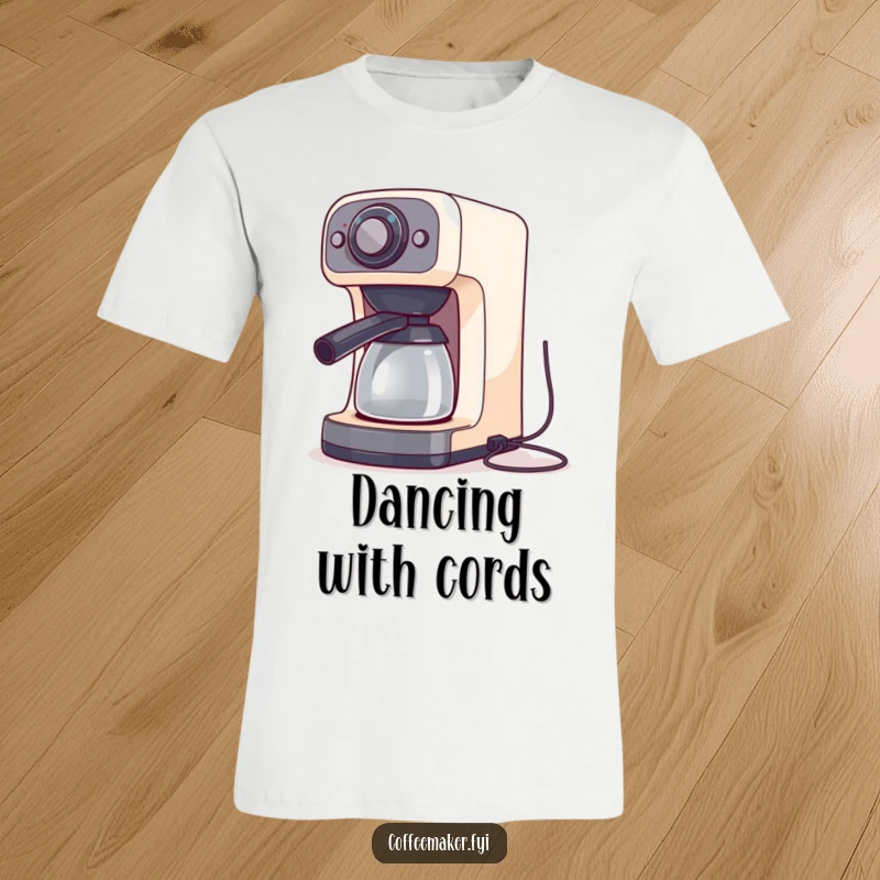 A coffee maker machine performing a silly dance with its cords flying, featured on a comfortable t-shirt.